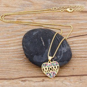 Gold CZ Heart Mom Necklace - Gold Plated Copper & Austrian Crystals
